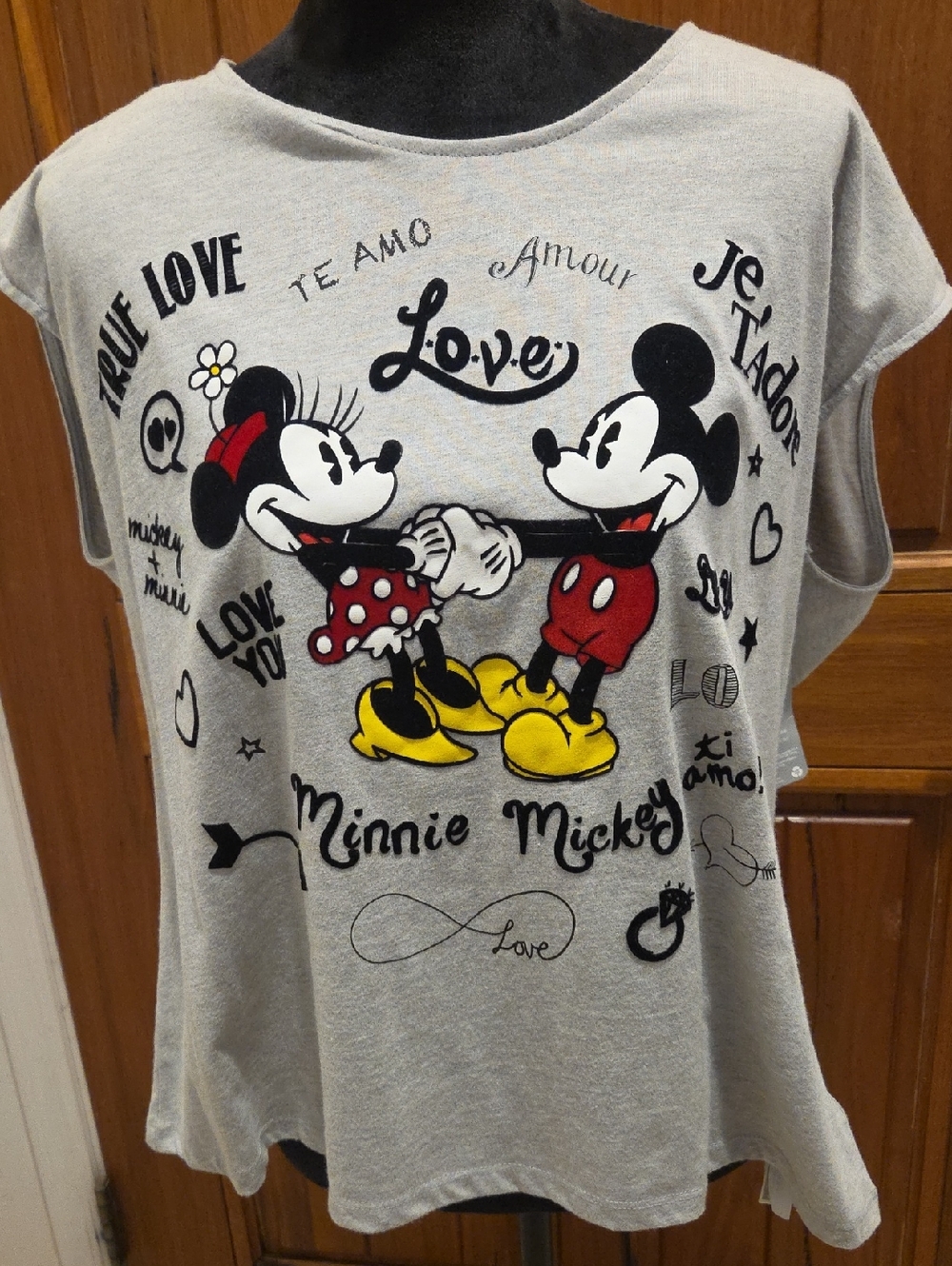 Disney Gray Minnie & Mickey Tee with Red, Yellow and Black Accents
